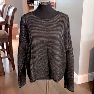 Eileen Fisher Cotton Silk Rib Textured Pullover Sweater - Black White Medium